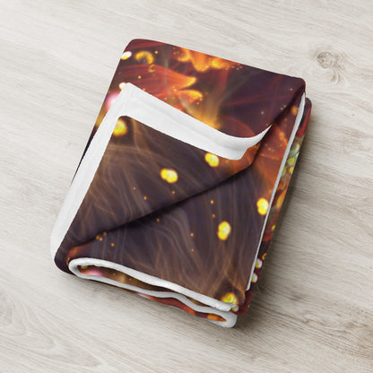 "Autumn Bloom" throw blanket styled across a bed, showing size and drape.