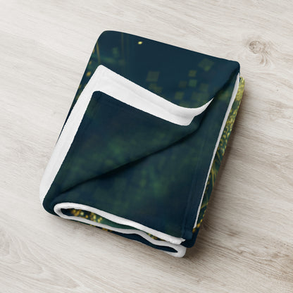 "Happy Thoughts" throw blanket draped over the arm of a chair, showing the full print.