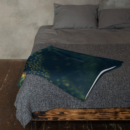 "Happy Thoughts" throw blanket styled across a bed, showing size and drape.