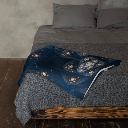"Inner Sanctum" throw blanket draped over the arm of a chair, showing the full print.