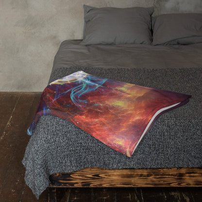 "Genesis" throw blanket draped over the arm of a chair, showing the full print.