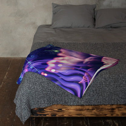 "Flow State" throw blanket folded at the foot of a bed, showing the soft texture.