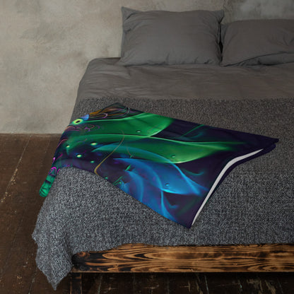"Awakened" throw blanket draped over the arm of a chair, showing the full print.