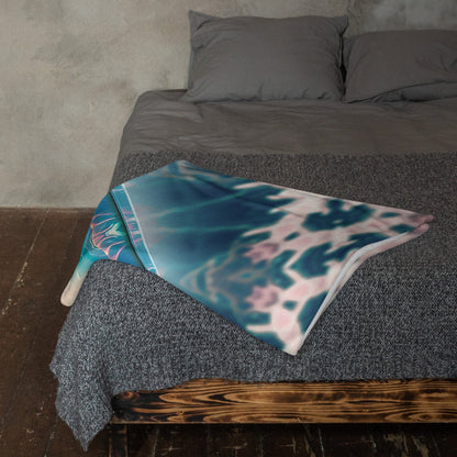 The "Triple Goddess" throw blanket draped over a couch, corner folded to show the white reverse side