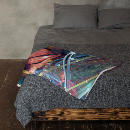 The "Divine Protection" throw blanket draped over a couch, corner folded to show the white reverse side