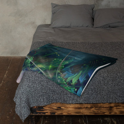 The "Emergence" throw blanket draped over a couch, corner folded to show the white reverse side