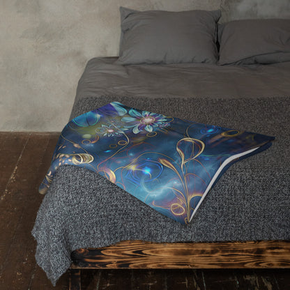 The "Polaris" throw blanket draped over a couch, corner folded to show the white reverse side