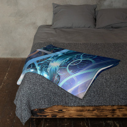 The Solitude throw blanket draped over the foot of a bed, showing the snow leopard design in a bedroom setting.