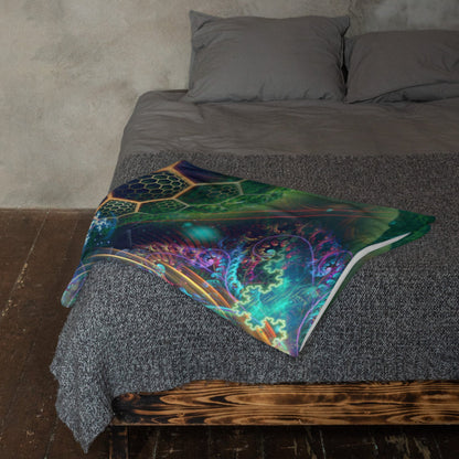 A person wrapped in the To Bee or Not to Bee throw blanket while relaxing indoors.