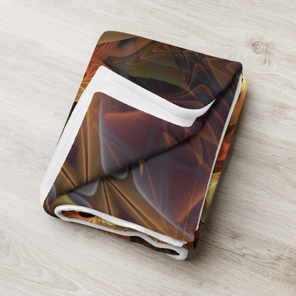 Totem Sun fractal mandala throw blanket folded across the foot of a bed in a bedroom scene.