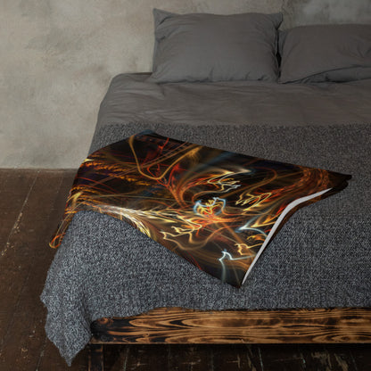Another lifestyle photo of the Sigil of Valor mandala throw blanket styled at home.