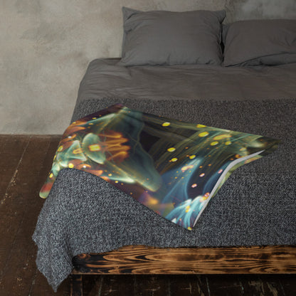 Another lifestyle photo of the Kaleidobloom fractal mandala throw blanket styled at home.