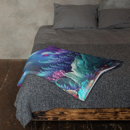 Another lifestyle photo of the Medicina ayahuasca throw blanket styled at home.