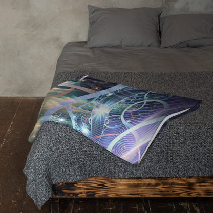 Another lifestyle photo of the Alchemist's Breath Buddha throw blanket styled at home.