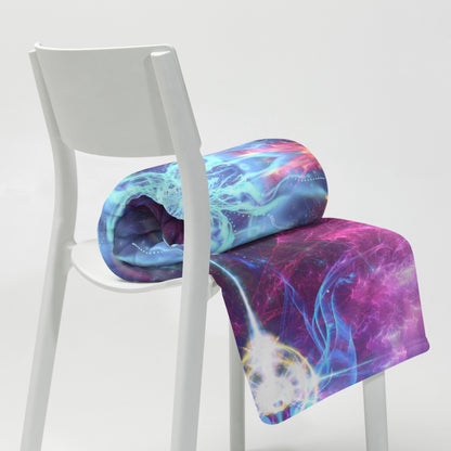 Another lifestyle photo of the Angelic Force fractal portal throw blanket styled at home.