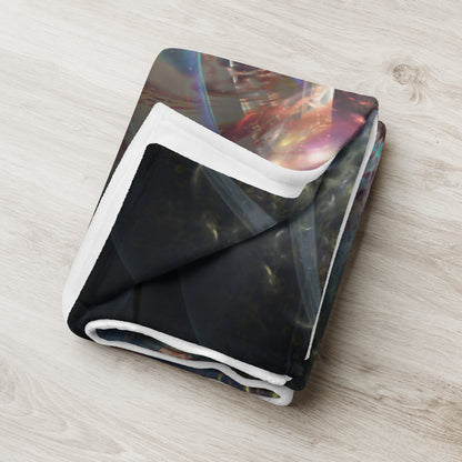 Lifestyle photo of the Complete Awareness trippy owl throw blanket styled in a home setting.