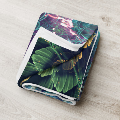 Another lifestyle photo of the Nectar hummingbird spirit animal throw blanket styled at home.