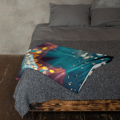 Lifestyle photo of the Reaching for Light floral mandala throw blanket styled in a home setting.
