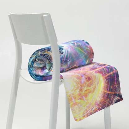 "Soul Seeker" throw blanket folded at the foot of a bed, showing the soft texture.