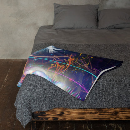 "Soul Seeker" raven visionary art throw blanket draped over a couch in a living room.