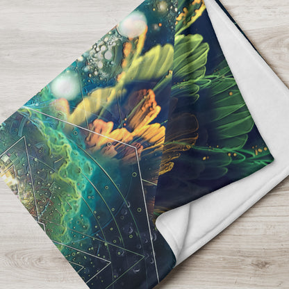 "Blossom" throw blanket draped over the arm of a chair, showing the full print.