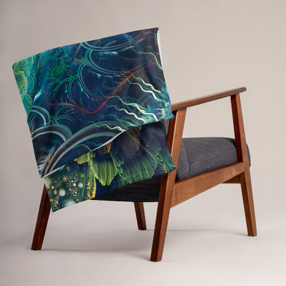 "Blossom" throw blanket styled across a bed, showing size and drape.