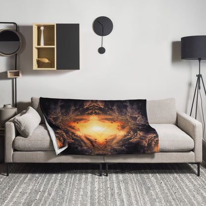"Adieu" visionary art throw blanket draped over a couch in a living room.