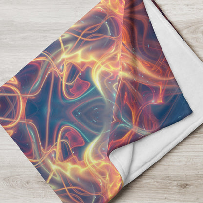 "Aquatic Rays" throw blanket folded at the foot of a bed, showing the soft texture.