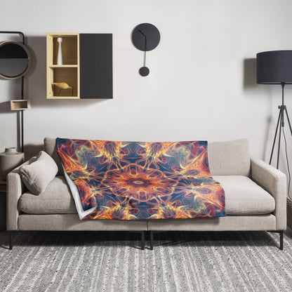 "Aquatic Rays" fractal mandala throw blanket draped over a couch in a living room.