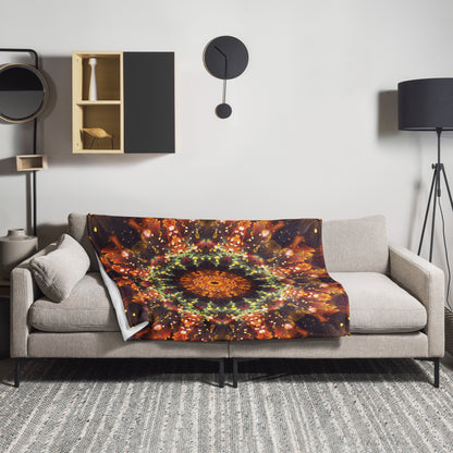 "Autumn Bloom" floral mandala throw blanket draped over a couch in a living room.