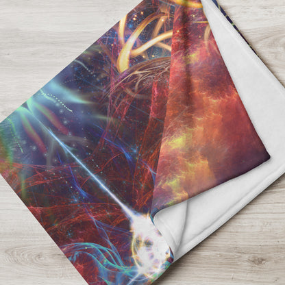 "Genesis" throw blanket folded at the foot of a bed, showing the soft texture.