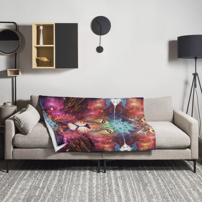 "Genesis" lion visionary art throw blanket draped over a couch in a living room.