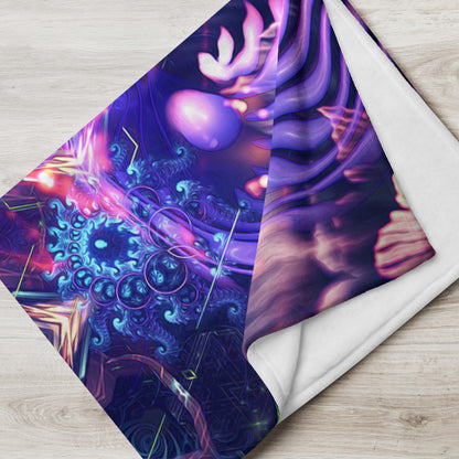 "Flow State" psychedelic mandala throw blanket draped over a couch in a living room.