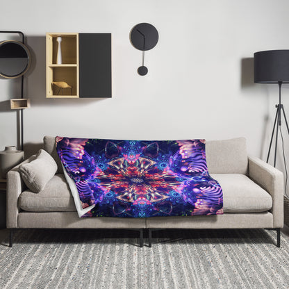 "Flow State" psychedelic mandala throw blanket draped over a couch in a living room.
