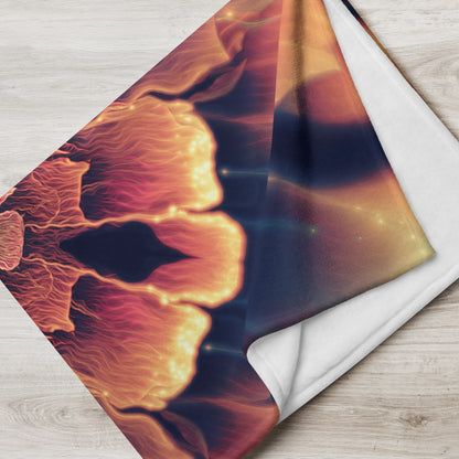 "Mandala Bloom" throw blanket styled across a bed, showing size and drape.