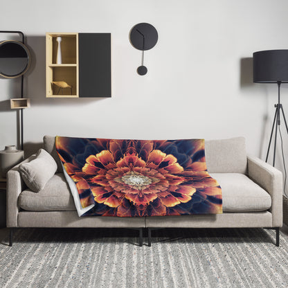 "Mandala Bloom" flower mandala throw blanket draped over a couch in a living room.