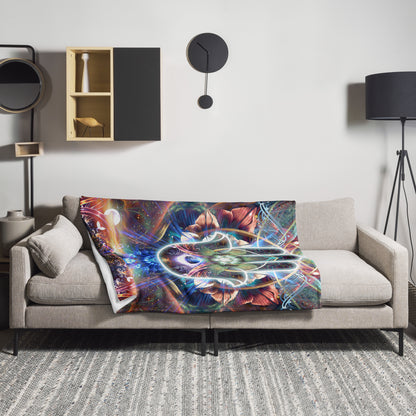 The "Divine Protection" throw blanket draped over a couch, corner folded to show the white reverse side