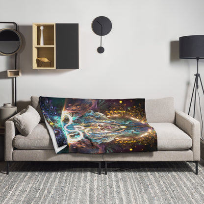 The "Density 432" throw blanket draped over a couch, corner folded to show the white reverse side