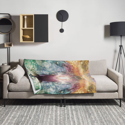 The "Celestial Vibrations" throw blanket draped over a couch, corner folded to show the white reverse side