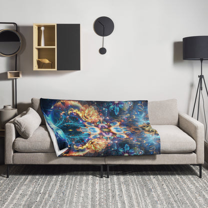 The "Polaris" throw blanket draped over a couch, corner folded to show the white reverse side