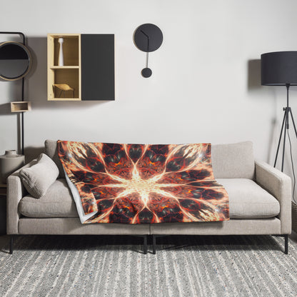 Muladhara root chakra mandala throw blanket draped over a couch arm in a cozy living room lifestyle setting.