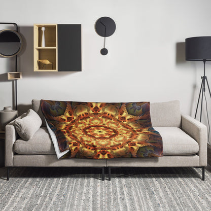 Totem Sun fractal mandala throw blanket draped over a sofa in a cozy living room setting.
