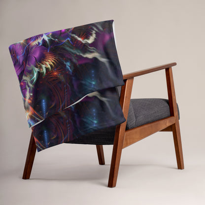The Dragon Heart mandala throw blanket shown draped over furniture at home.