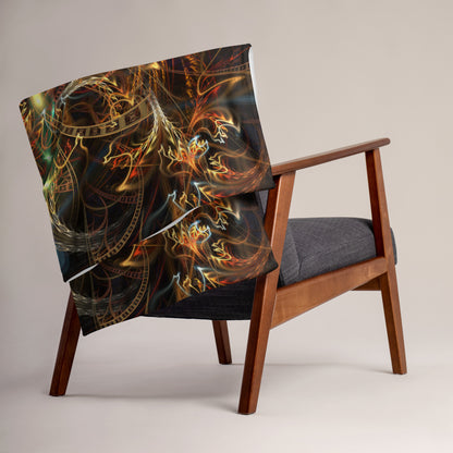 Lifestyle photo of the Sigil of Valor mandala throw blanket in a home setting.