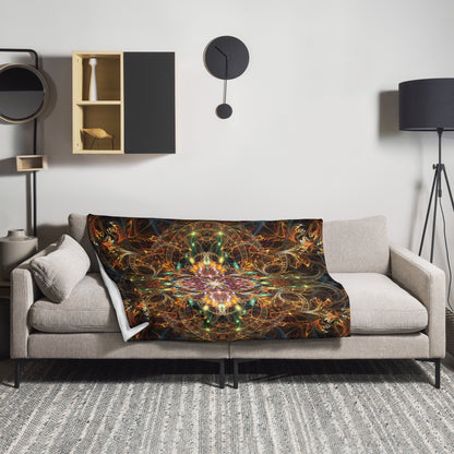 The Sigil of Valor mandala throw blanket draped in a home lifestyle setting.