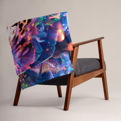 The Hunter's Moon tiger throw blanket shown draped over furniture at home.