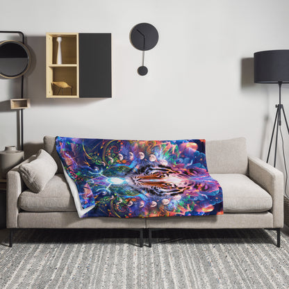 The Hunter's Moon tiger throw blanket draped in a home lifestyle setting.