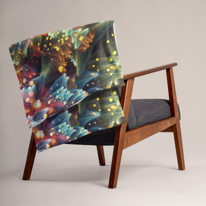 The Kaleidobloom fractal mandala throw blanket shown draped over furniture at home.