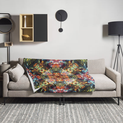 The Kaleidobloom fractal mandala throw blanket draped in a home lifestyle setting.
