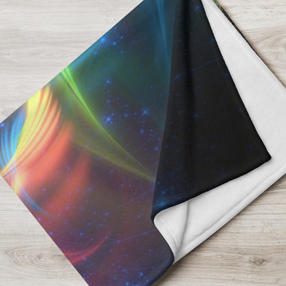 Lifestyle photo of the Relax fractal typography throw blanket in a home setting.
